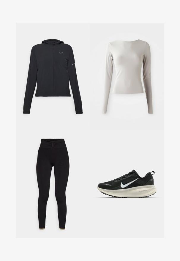 Crna jakna s kapuljačom i dugim rukavima, izrađena od laganog materijala. Ima prednji patentni zatvarač, Nike logo i suptilne dizajnerske detalje.; Svijetlo siva dugosleeve majica napravljena od glatkog, svilenastog materijala s okruglim izrezom i prilagođenim krojem. Rubovi su blago rašireni na dnu.; Crne tajice s visokim, naboranim pojasom i glatkom, rastezljivom teksturom. Imaju prilagođeni kroj i suptilni bež akcent na rubu.; Crne Nike trkačke tenisice s prozračnom mrežastom gornjom konstrukcijom, bijelim swoosh logotipom, teksturiranim detaljima i kremastom ZoomX srednjom potplatnom jedinicom.