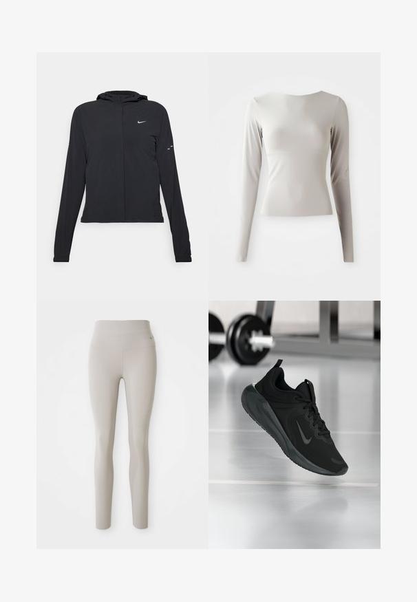 Casaco preto com capuz e mangas longas, feito de material leve. Apresenta um fecho dourado na frente, um logótipo da Nike e detalhes de design subtis.; Camisola de manga longa em cinza claro, feita de um tecido liso e suave, com decote redondo e uma silhueta ajustada. A bainha é ligeiramente alargada na parte inferior.; Leggings de cintura alta em bege, feitos de um tecido elástico, apresentando um design ajustado e uma textura suave, com um pequeno logótipo na cintura.; Sapatilha desportiva preta com o logotipo da Nike, mostrada em pleno ar sobre o chão do ginásio, com um suporte de halteres desfocado ao fundo.