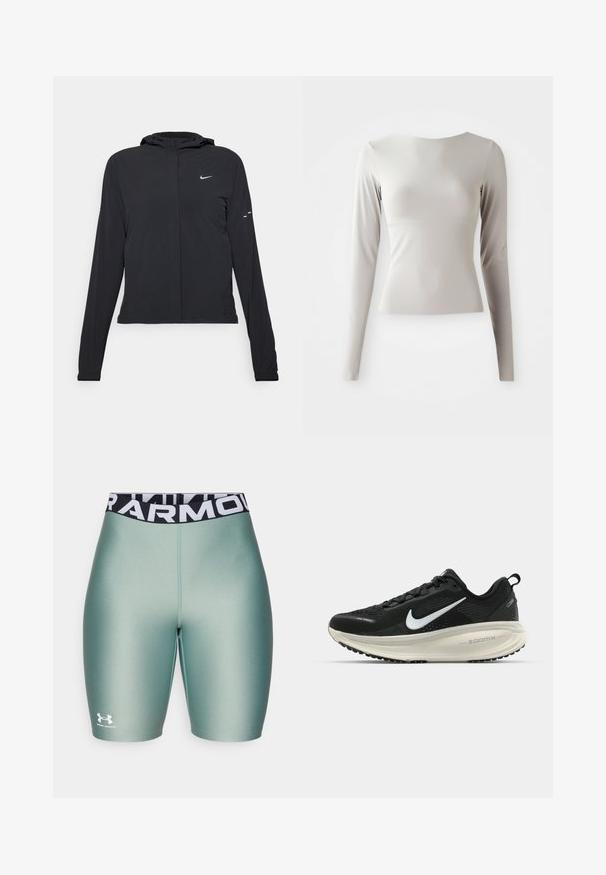 Casaco preto com capuz e mangas longas, feito de material leve. Apresenta um fecho dourado na frente, um logótipo da Nike e detalhes de design subtis.; Camisola de manga longa em cinza claro, feita de um tecido liso e suave, com decote redondo e uma silhueta ajustada. A bainha é ligeiramente alargada na parte inferior.; Calções de desporto verde-claro com uma textura suave, apresentando uma cintura preta com "ARMOUR" em letras brancas e um pequeno logótipo branco.; Sapatilha de corrida Nike preta com parte superior de malha respirável, logotipo Swoosh branco, detalhes texturizados e uma entressola ZoomX na cor creme.