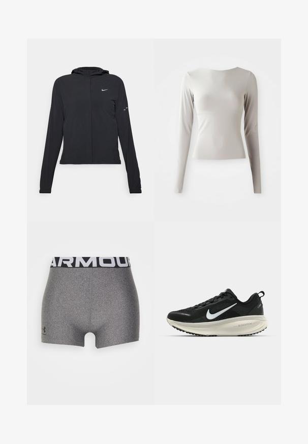 Casaco preto com capuz e mangas longas, feito de material leve. Apresenta um fecho dourado na frente, um logótipo da Nike e detalhes de design subtis.; Camisola de manga longa em cinza claro, feita de um tecido liso e suave, com decote redondo e uma silhueta ajustada. A bainha é ligeiramente alargada na parte inferior.; Calções atléticos cinzentos com um design ajustado, feitos de um material texturizado. Apresentam uma cintura larga preta com "ARMOUR" em branco.; Sapatilha de corrida Nike preta com parte superior de malha respirável, logotipo Swoosh branco, detalhes texturizados e uma entressola ZoomX na cor creme.