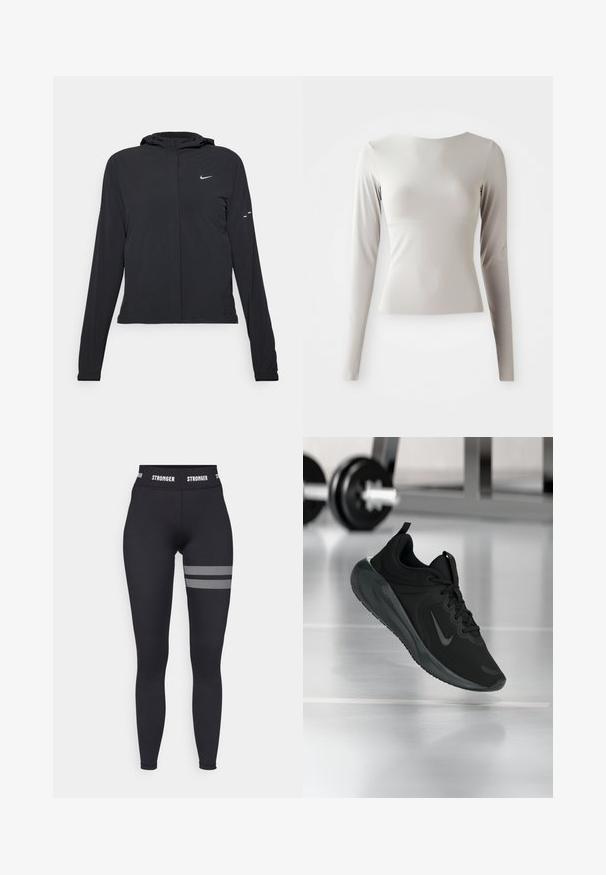 Černá kapucňová bunda s dlouhými rukávy, vyrobená z lehkého materiálu. Obsahuje přední zip, logo Nike a decentní designové akcenty.; Světlý šedý dlouhý rukáv top vyrobený z hladké, jemné látky s kulatým výstřihem a přiléhavým střihem. Spodní okraj je mírně rozšířený.; Černé legíny s vysokým pasem, s bílým logem "STRONGER" na pásku a síťovými detaily v horizontálních pruzích na stehně.; Černé sportovní tenisky s logem Nike, zobrazené ve vzduchu na podlaze tělocvičny, s rozostřeným regálem s činkami na pozadí.