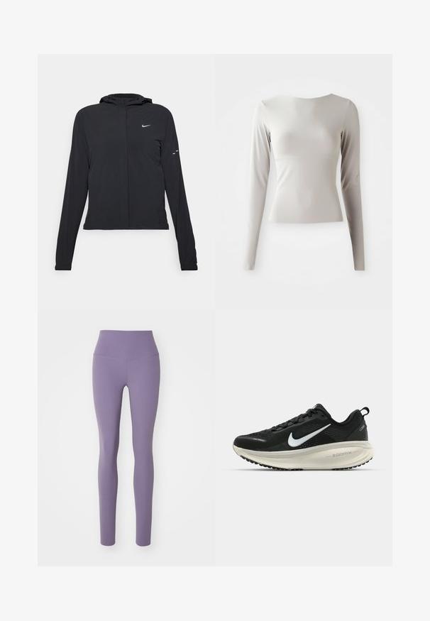 Casaco preto com capuz e mangas longas, feito de material leve. Apresenta um fecho dourado na frente, um logótipo da Nike e detalhes de design subtis.; Camisola de manga longa em cinza claro, feita de um tecido liso e suave, com decote redondo e uma silhueta ajustada. A bainha é ligeiramente alargada na parte inferior.; Nike Performance ZENVY - Leggings - purple; Sapatilha de corrida Nike preta com parte superior de malha respirável, logotipo Swoosh branco, detalhes texturizados e uma entressola ZoomX na cor creme.