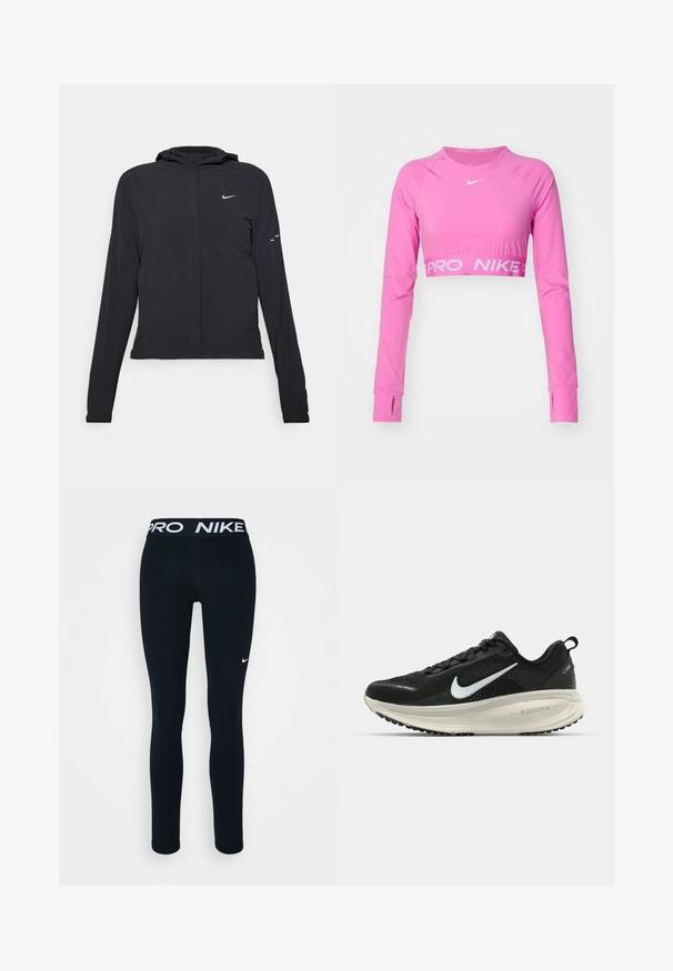 Chaqueta negra con capucha y mangas largas, hecha de un material ligero. Presenta un cierre frontal, un logo de Nike y acentos de diseño sutiles.; Top atlético de manga larga y corto en un vibrante color rosa. Fabricado con una tela elástica que incluye orificios para los pulgares, presenta un logotipo blanco "PRO NIKE" en el dobladillo.; Leggings negros de Nike con una cinturilla Pro, que incluyen un logo blanco en el muslo izquierdo. Fabricados con un tejido elástico, diseñados para ofrecer comodidad y libertad de movimiento.; Zapatilla de running Nike negra con parte superior de malla transpirable, logo Swoosh blanco, detalles texturizados y una entresuela ZoomX de color crema.