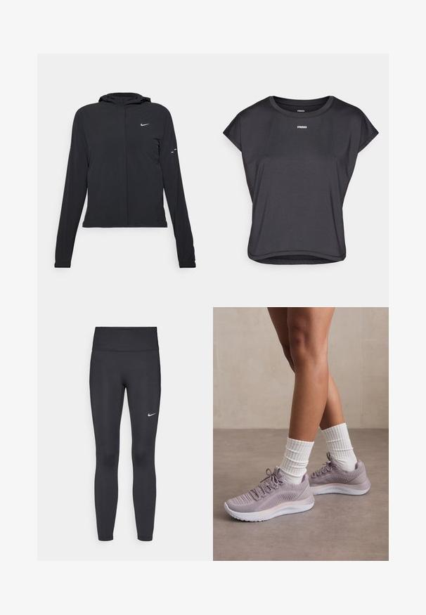 Svart huva jacka med långa ärmar, gjord av lätt material. Har en framdragare, en Nike-logotyp och subtila designelement.; Svart kortärmad topp i mjukt tyg, med rundad halsringning och ordet "STRONGER" tryckt i vitt på bröstet.; Svarta leggings i elastiskt material, med hög midja och en vit Nike-logga på vänster lår. Slät textur, figurnära design.; Ljuslila träningsskor med övre del av texturerad stickad konstruktion, accentuerade med en vit mellansula och matchande vita ribbade strumpor.