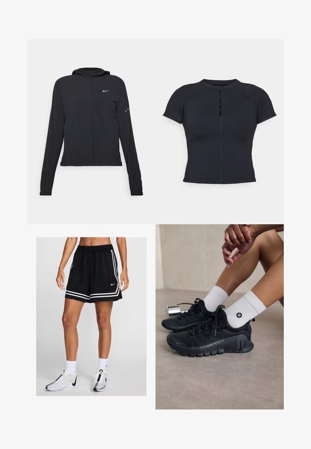 Juodas gobtuvas striukė su ilgomis rankovėmis, pagaminta iš lengvo audinio. Pasižymi priekiniais užtrauktukais, Nike logotipu ir subtiliais dizaino akcentais.; Juodas trumpas rankovėmis viršus su aukštu apykakle, mygtukų detalė priekyje, pagamintas iš elastingos medžiagos, su raginėmis rankovėmis ir lygiais siūlėmis.; Juodi sportiniai šortai su baltais dryžiais, elastinga juostele ir raišteliu. Derinami su baltais ir juodais sportbačiais ir kojinėmis.; Juodi sportiniai bateliai su tekstūruota medžiaga, raištelių dizainu ir ryškiu padu, derinami su baltais raukšlėtais kojiniais, turinčiais mažą logotipą.