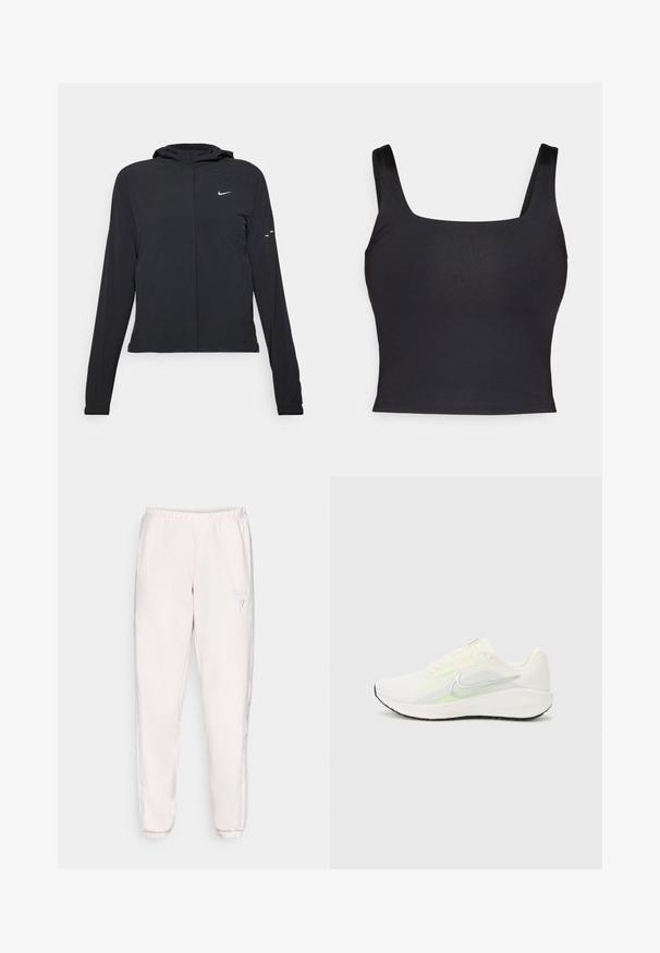 Zwarte kaptrui met lange mouwen, gemaakt van lichtgewicht materiaal. Voorzien van een ritssluiting aan de voorkant, een Nike-logo en subtiele ontwerpelementen.; Zwarte crop top met een vierkante halslijn en brede schouderbanden. Gemaakt van gladde, elastische stof met een aansluitende silhout. Geen versieringen.; Lichtroze sweatpants gemaakt van zachte stof, met een elastische tailleband, zijstrepen en een klein logo op de linkerdij.; Nike Performance DOWNSHIFTER 13 - Hardloopschoenen voor op de weg - sail/silver-coloured photon dust/summit white/barely volt/black