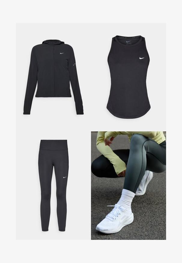 Giacca nera con cappuccio e maniche lunghe, realizzata in materiale leggero. Presenta una zip frontale, il logo Nike e accenti di design sottili.; Top sportivo nero realizzato in materiale traspirante. Presenta un colletto rotondo, una vestibilità slim e il logo Nike bianco sul petto.; Leggings neri realizzati in tessuto elasticizzato, con una vita alta e un logo Nike bianco sulla coscia sinistra. Tessuto liscio, design aderente.; Scarpe da ginnastica bianche con tomaia in rete, lacci piatti e suola ammortizzata, abbinate a leggings verde scuro e una maglietta a maniche lunghe gialla chiara.