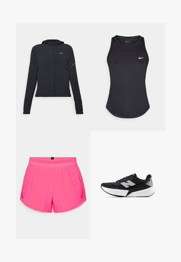 Jachetă neagră cu glugă, cu mâneci lungi, fabricată din material ușor. Dispune de un fermoar frontal, un logo Nike și accente de design subtile.; Tricou sport negru fără mâneci, fabricat dintr-un material care absoarbe umezeala. Are un decolteu rotund, o croială ajustată și un logo alb Nike pe piept.; Shorts atletici roz cu un tiv respirabil, dotati cu buzunare laterale si un mic logo Nike negru pe partea stanga. Material neted.; Pantof de alergare New Balance alb-negru, cu talpă groasă, parte superioară din plasă și logo-ul "N" pe lateral, văzut din partea exterioară.