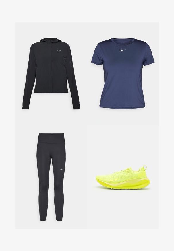 Čierna kapucňová bunda s dlhou rukávou, vyrobená z ľahkého materiálu. Má predný zips, logo Nike a jemné dizajnové akcenty.; Námorníckom modré atletické tričko s krátkym rukávom vyrobené z hladkej, ľahkej látky, na hrudi s malým bielym logom Nike.; Čierne legíny z elastického materiálu, s vysokým pásom a bielym logom Nike na ľavom stehne. Hladká textúra, priliehavý dizajn.; Neón žlté bežecké tenisky s textúrovaným sieťovaným zvrškom, polstrovanou podrážkou a slučkovým pätovým poutkom pre jednoduché obúvanie.