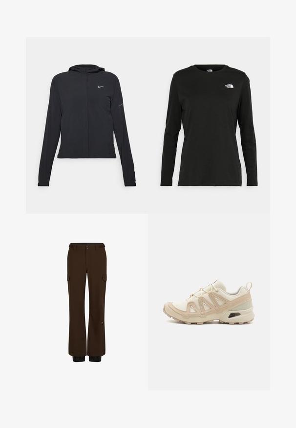 Čierna kapucňová bunda s dlhou rukávou, vyrobená z ľahkého materiálu. Má predný zips, logo Nike a jemné dizajnové akcenty.; Čierne tričko s dlhým rukávom vyrobené z bavlny s okrúhlym výstrihom. Obsahuje malé biele logo na ľavej strane hrudníka. Jednoduchý dizajn a strih.; Hnedé cargo nohavice vyrobené z odolného materiálu, s viacerými vreckami, s gombíkovým zapínaním a elastickými manžetami na členkoch.; Beige a krémová športová obuv s textúrovaným sieťovým zvrškom, podporujúcimi prekrytiami a gumovou podrážkou s dezénom pre trakciu.