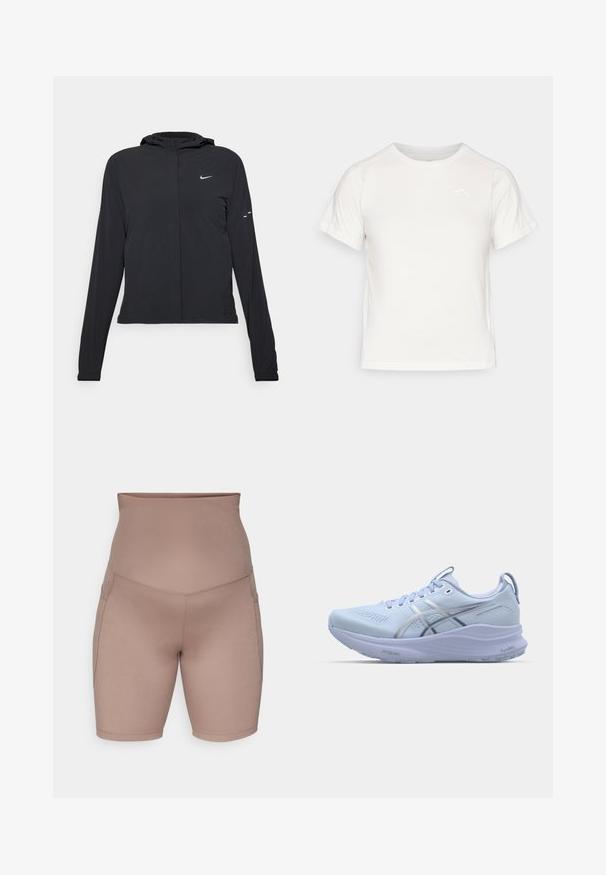 Czarna kurtka z kapturem, z długimi rękawami, wykonana z lekkiego materiału. Posiada zamek błyskawiczny z przodu, logo Nike oraz subtelne akcenty wzornicze.; Lekka biała koszulka z krótkim rękawem, okrągłym dekoltem i małym logo w lewym górnym rogu. Gładki materiał o subtelnej połysku.; Szorty rowerowe z wysokim stanem, wykonane z miękkiego, elastycznego materiału. Jasnobrązowy kolor z dwoma bocznymi kieszeniami i gładkimi szwami dla większej wygody i dopasowania.; Jasnoniebieskie buty do biegania z siateczkową cholewką, odblaskowymi srebrnymi akcentami, wyściełaną podeszwą oraz teksturowaną gumową podeszwą dla lepszej przyczepności.