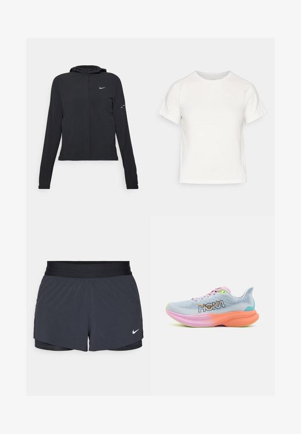 Černá kapucňová bunda s dlouhými rukávy, vyrobená z lehkého materiálu. Obsahuje přední zip, logo Nike a decentní designové akcenty.; Lehká bílá tričko s krátkými rukávy, kulatým výstřihem a malým logem v levém horním rohu. Hladká tkanina s jemným leskem.; Černé sportovní kraťasy s elastickým pasem, které mají vrstvený design a malé bílé logo Nike na dolním levém rohu. Lehce materiál.; HOKA MACH 6 - Silniční běžecké boty - illusion/dusk