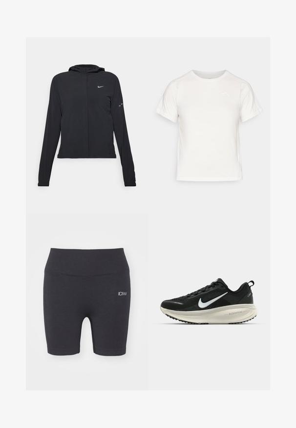 Chaqueta negra con capucha y mangas largas, hecha de un material ligero. Presenta un cierre frontal, un logo de Nike y acentos de diseño sutiles.; Camiseta blanca ligera con mangas cortas, cuello redondo y un pequeño logo en la esquina superior izquierda. Tejido suave con un sutil brillo.; ICANIWILL SOFT - Leggings - black; Zapatilla de running Nike negra con parte superior de malla transpirable, logo Swoosh blanco, detalles texturizados y una entresuela ZoomX de color crema.