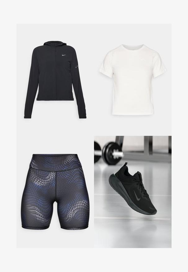 Jachetă neagră cu glugă, cu mâneci lungi, fabricată din material ușor. Dispune de un fermoar frontal, un logo Nike și accente de design subtile.; Tricou alb ușor, cu mâneci scurte, guler rotund și un logo mic în colțul din stânga sus. Material neted cu un luciu subtil.; Shorts negri cu talie înaltă, dintr-un material elastic, având un model ondulat albastru și argintiu. Textură netedă cu detalii de cusătură contrastante.; Tenisii sport negru cu logo-ul Nike, arătați în aer deasupra podelei de sală de sport, cu un suport pentru haltere neclar în fundal.