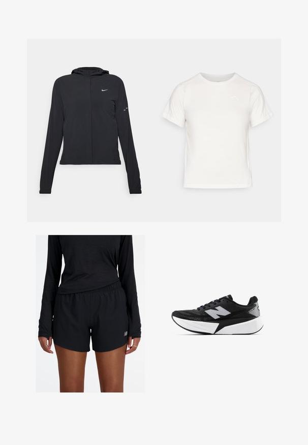 Juodas gobtuvas striukė su ilgomis rankovėmis, pagaminta iš lengvo audinio. Pasižymi priekiniais užtrauktukais, Nike logotipu ir subtiliais dizaino akcentais.; Lengvas baltas marškinėliai trumpomis rankovėmis, apvaliu kaklu ir maža logo viršutiniame kairiajame kampe. Lygus audinys su subtiliu blizgesiu.; Juodi sportiniai šortai su elastinga juosmens juostele ir atspindinčiu logotipu. Audinys atrodo lengvas ir lygus, su laisvos formos kirpimu.; Juodai balta New Balance bėgimo batai su storesne pado dalimi, tinklinė viršutinė dalis ir "N" logotipas šone, matoma iš išorinės pusės.