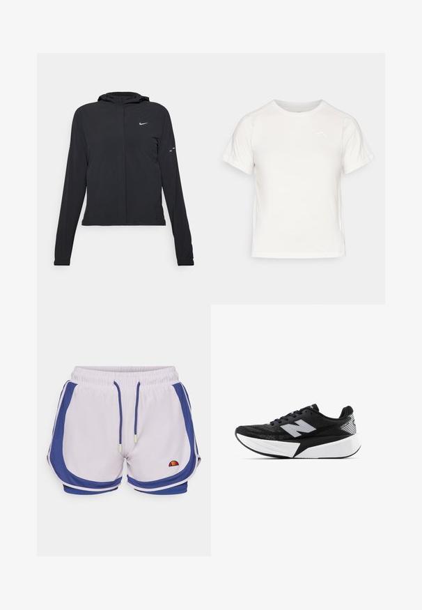 Must musta kapuutsiga jakk, millel on pikad varrukad ja mis on valmistatud kergetest materjalidest. Omab esitaskut, Nike logo ja kergelt silmatorkavaid disainiaktsente.; Kerge valge T-särk lühikeste varrukatega, ümmarguse kaelusega ja väikese logoga vasakus ülanurgas. Sile kangas, millel on õrn läige.; Heledad lilla lühikesed püksid tumeda sinise külgaktsendiga ja elastse kummiga. Omab kontrastõmblusi ja väikest, mitmevärvilist logo.; Mustvalge New Balance jooksujalats, millel on paks tallar ja võrkkangast ülemine osa, ning külgvaates on näha ka „N” logo.