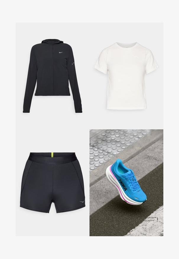 Melnā kapuci jaka ar garām piedurknēm, izgatavota no viegla materiāla. Tam ir priekšējais rāvējslēdzis, Nike logo un smalki dizaina akcenti.; Viegls balts T-krekls ar īsām piedurknēm, apaļu kaklu un mazu logo augšējā kreisajā stūrī. Gluda auduma faktūra ar maigu spīdumu.; Melnas sporta bikses ar gludu tekstūru, kurām ir plats elastīgs jostasvieds un šaurs piegriezums. Aiz muguras redzama plāna dzeltena svītra.; Zilā skriešanas kurpe ar austa virsbūvi, balto starpposmu un rozā akcentu; iekļauj teksturētu rakstu, logotipu sānos un apaļa purngala dizainu.