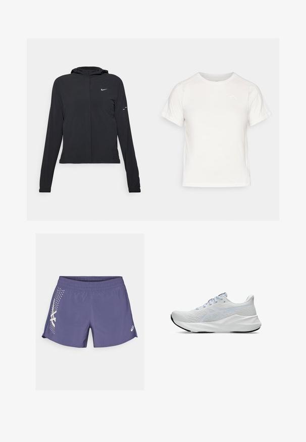 Chaqueta negra con capucha y mangas largas, hecha de un material ligero. Presenta un cierre frontal, un logo de Nike y acentos de diseño sutiles.; Camiseta blanca ligera con mangas cortas, cuello redondo y un pequeño logo en la esquina superior izquierda. Tejido suave con un sutil brillo.; Pantalones cortos deportivos morados de tela ligera, con un patrón y logo en blanco en el costado. Cintura elástica con una textura suave.; Zapatillas deportivas blancas con una parte superior de malla transpirable, acentos en azul claro, cierre con cordones, detalle de logotipo en negrita y suela texturizada para mayor agarre.