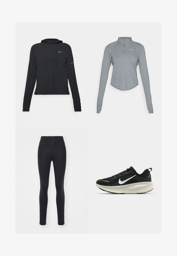 Juodas gobtuvas striukė su ilgomis rankovėmis, pagaminta iš lengvo audinio. Pasižymi priekiniais užtrauktukais, Nike logotipu ir subtiliais dizaino akcentais.; Pilkos spalvos ilgomis rankovėmis sportinė maikutė su ketvirčio užtrauktuku ir thumbhole'ais, turinti mažą baltą Nike logotipą kairėje krūtinės pusėje.; Juodos tampres, pagamintos iš tamprių medžiagų, turinčios aukštą juosmenį, lygią tekstūrą ir siaurą, prigludusią siluetą, be matomų raštų.; Juodas Nike sportinis batelis su kvėpuojančiu tinklu, baltu swoosh logotipu, tekstūruoto dizaino detalėmis ir grietinėlės spalvos ZoomX viduriu.