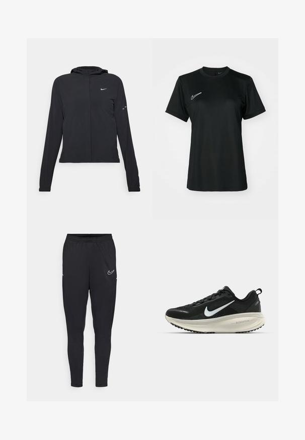 Černá kapucňová bunda s dlouhými rukávy, vyrobená z lehkého materiálu. Obsahuje přední zip, logo Nike a decentní designové akcenty.; Černé sportovní tričko s krátkým rukávem a kulatým výstřihem. Na horní levé straně se nachází bílé logo Nike. Hladká, lehká tkanina.; Černé sportovní kalhoty vyrobené z lehkého materiálu, s elastickým pasem, přiléhavým střihem a bílým logem Nike na stehně.; Černá běžecká obuv Nike s prodyšným síťovaným svrškem, bílým logem swoosh, texturovanými detaily a krémovou mezipodešví ZoomX.