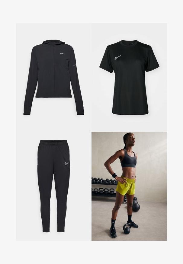 Casaco preto com capuz e mangas longas, feito de material leve. Apresenta um fecho dourado na frente, um logótipo da Nike e detalhes de design subtis.; Camisola atlética de mangas curtas preta com decote redondo. Apresenta um logo branco da Nike no lado superior esquerdo. Tecido liso e leve.; Calças de desporto pretas feitas de um tecido leve, com um cós elástico, design ajustado e um logo branco da Nike na coxa.; Sutiã desportivo preto, calções amarelos brilhantes com cintura elástica, sapatos de atletismo pretos e pulseiras, de pé ao lado de kettlebells.