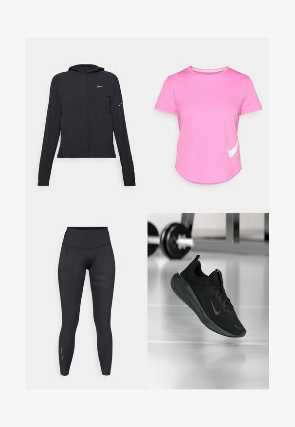 Casaco preto com capuz e mangas longas, feito de material leve. Apresenta um fecho dourado na frente, um logótipo da Nike e detalhes de design subtis.; T-shirt rosa da Nike com mangas curtas, gola redonda, textura suave, apresentando um logótipo branco na parte inferior esquerda e bainha curvada.; Leggings de treino pretos feitos de material elástico, com uma cinta alta, bolso lateral e riscas horizontais texturizadas numa perna.; Sapatilha desportiva preta com o logotipo da Nike, mostrada em pleno ar sobre o chão do ginásio, com um suporte de halteres desfocado ao fundo.