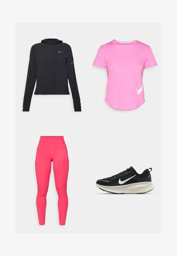 Black hooded jacket with long sleeves, made from lightweight material. Features a front zipper, a Nike logo, and subtle design accents.; Pink Nike t-shirt with short sleeves, rounded neckline, smooth texture, featuring a white logo on the lower left side and curved hem.; Fitted leggings in vibrant pink. Made from smooth, stretchy fabric with a high waistband. Features a small logo in the lower leg area.; Black Nike running shoe with breathable mesh upper, white swoosh logo, textured detailing, and a cream-colored ZoomX midsole.