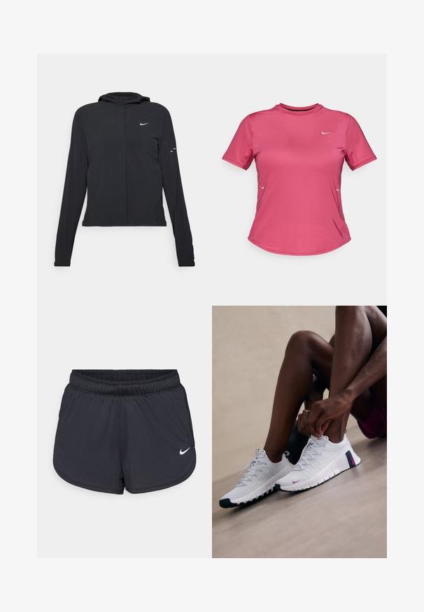 Schwarze Kapuzenjacke mit langen Ärmeln, aus leichtem Material gefertigt. Sie hat einen vorderen Reißverschluss, ein Nike-Logo und dezente Designelemente.; Kurzarm-Sportshirt aus leuchtend pinkem Stoff mit Rundhalsausschnitt, ausgestattet mit einem kleinen weißen Logo auf der Brust und einem minimalistischen Design.; Schwarze Sportshorts mit elastischem Bund, sportlichem Design und weißem Nike-Logo vorne unten. Strukturierter Stoff.; Weiße Sportschuhe mit strukturierten Oberflächen, pinken Akzenten und schwarzen Sohlen. Verfügen über ein Schnürdesign und eine gepolsterte Sohle für extra Komfort.