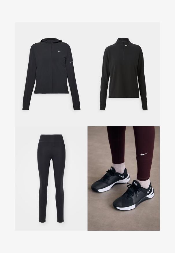 Fekete kapucnis dzseki hosszú ujjakkal, könnyű anyagból készült. Elülső cipzárral, Nike logóval és diszkrét dizájn elemekkel rendelkezik.; Fekete, hosszú ujjú pulóver magas gallérral, félig cipzáros elülső résszel és egy kis ezüst logóval a bal oldalon. Puha, rugalmas anyag.; Fekete leggings rugalmas anyagból, magas derékkal, sima textúrával, karcsú, testhezálló kialakítással, látható minták nélkül.; Fekete sportcipők texturált felsőrésszel és fehér akcentussal, fűzőkkel és oldalsó logóval. Bordó leggingsszel és világos zoknival viselve.