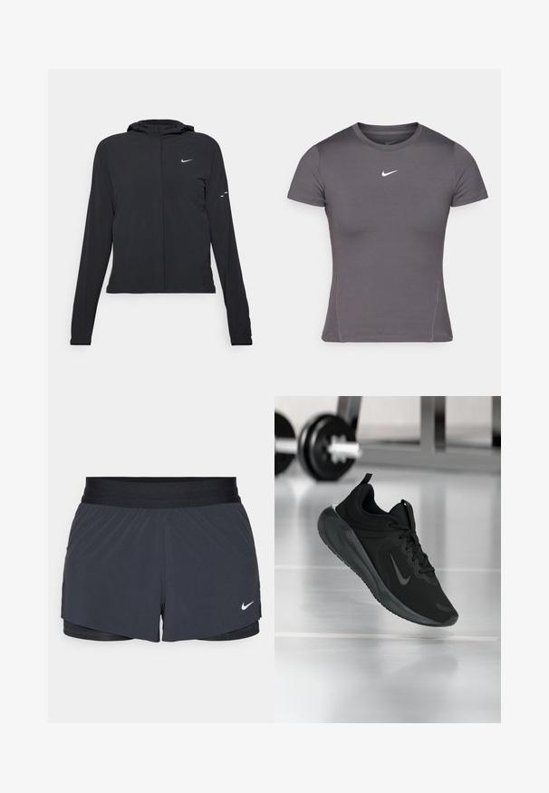 Black hooded jacket with long sleeves, made from lightweight material. Features a front zipper, a Nike logo, and subtle design accents.; Gray short-sleeve T-shirt made of smooth, stretchy fabric featuring a white Nike logo on the chest and flat stitching details.; Black athletic shorts with an elastic waistband, featuring a layered design and a small white Nike logo on the lower left. Lightweight material.; Black sports sneaker with Nike logo, shown mid-air on gym floor, with blurred dumbbell rack in background.