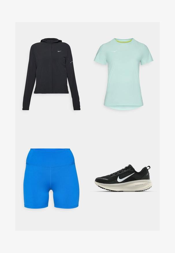 Must musta kapuutsiga jakk, millel on pikad varrukad ja mis on valmistatud kergetest materjalidest. Omab esitaskut, Nike logo ja kergelt silmatorkavaid disainiaktsente.; Hele sinine lühikese varrukaga sportlik särk ümmarguse kaelusega, millel on tekstuuriga kangas ja tagasihoidlik logo aksent ees.; Sinised spordilühikesed püksid, mis on valmistatud venivast ja hingavast kangast. Omavad kõrget taljet ja õmblusteta disaini, mis on ideaalne mugavuse ja liikumise jaoks.; Musthave mustus Nike jooksujalats, millel on hingav võrgust ülemine osa, valge swoosh logo, tekstuuriga detailid ja kreemja värvusega ZoomX vahevöö.