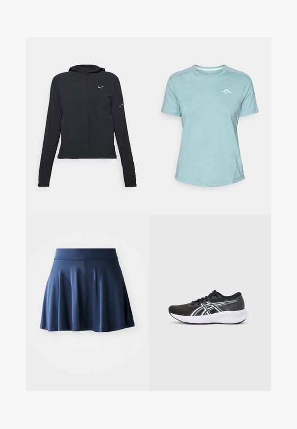 Črna kapuča s dolgimi rokavi, izdelana iz lahkega materiala. Ima sprednji zadrgo, logotip Nike in subtilne oblikovne detajle.; Svijetloplavi kratkosleeve majica izrađena od mekanog materijala, koja ima okrugli izrez i mali bijeli logotip na prsima. Vidljivi detalji šavova.; Mornarski športni kratek krilo iz raztegljive tkanine, ki se ponaša s širokim pasom, razširjeno obliko in gladko teksturo z minimalnimi šivi.; Črne športne čevlje z teksturiranim mrežastim zgornjim delom, belimi poudarki in oblazinjeno belim podplatom. Imajo logo na strani in vezalke.