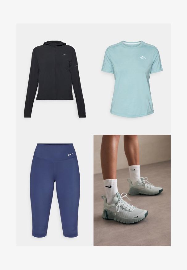 Svart hettegenser med lange ermer, laget av lett materiale. Har glidelås foran, Nike-logo og subtile design detaljer.; Lys blå t-skjorte med korte ermer laget av myk stoff, med rund hals og en liten hvit logo på brystet. Sømdetaljer er synlige.; Marineblå capri leggings laget av elastisk stoff, med bredt liv og en liten hvit logo på venstre side. Ingen synlige sømmer.; Lys grå sportssko med teksturert stoff, hvite snører og en grønn såle. Kombinert med hvite ribbestrikkede sokker med en svart logo.