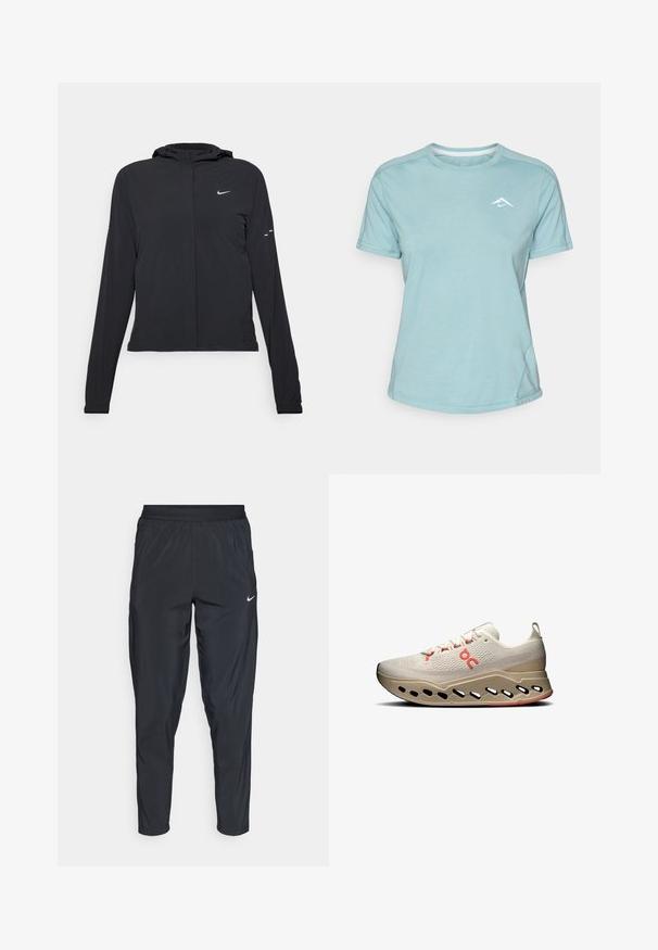 Black hooded jacket with long sleeves, made from lightweight material. Features a front zipper, a Nike logo, and subtle design accents.; Light blue short-sleeve t-shirt made of soft fabric, featuring a round neckline and a small white logo on the chest. Seam detailing visible.; Black athletic pants with elastic waistband, tapered legs, and a small white logo on the left thigh. Lightweight, smooth fabric.; Light beige athletic shoes with a textured upper, red accents, and an innovative sole featuring cutouts for breathability and cushioning.