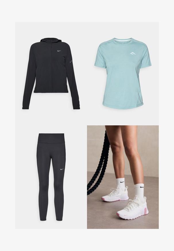 Črna kapuča s dolgimi rokavi, izdelana iz lahkega materiala. Ima sprednji zadrgo, logotip Nike in subtilne oblikovne detajle.; Svijetloplavi kratkosleeve majica izrađena od mekanog materijala, koja ima okrugli izrez i mali bijeli logotip na prsima. Vidljivi detalji šavova.; Črne legice iz elastične tkanine, z visokim pasom in belim Nike logo na levem stegnu. Gladka tekstura, oblikovno prilegajoč dizajn.; Beli športni čevlji z rožnatimi poudarki, strukturnim zgornjim delom in oblazinjenim ovratnikom, v kombinaciji z belimi žametenimi nogavicami, ki imajo črni logo.