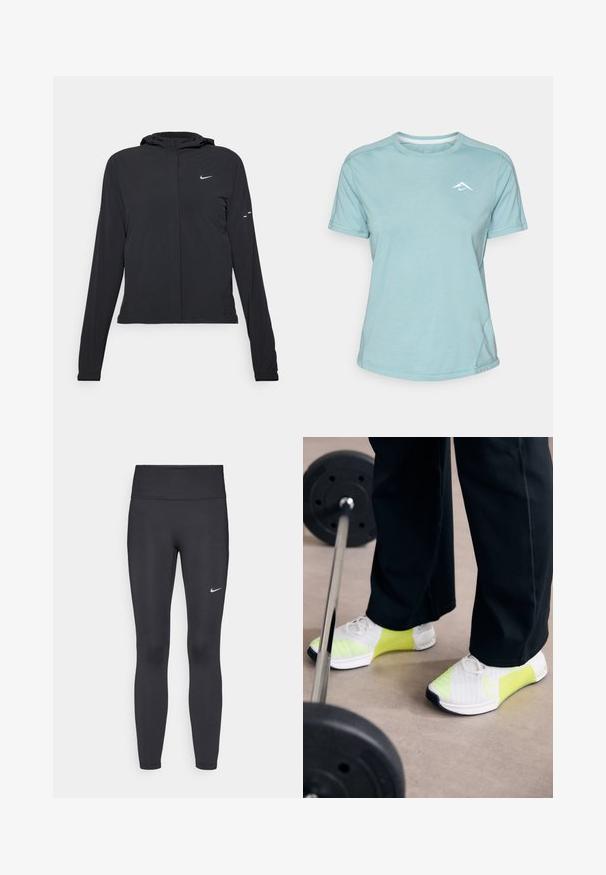 Mustassa hupparissa on pitkät hihat, ja se on valmistettu kevyestä materiaalista. Siinä on edessä vetoketju, Nike-logo ja hillityt muotoiluyksityiskohdat.; Vaaleansininen lyhythihainen t-paita, joka on valmistettu pehmeästä kankaasta. T-paidassa on pyöreä kaula-aukko ja pieni valkoinen logo rinnassa. Sauman yksityiskohdat näkyvät.; Mustat leggingsit joustavasta kankaasta, joissa on korkea vyötärö ja valkoinen Nike-logo vasemmassa reidessä. Sileä pinta, muotoaan myötäilevä suunnittelu.; Nike Performance METCON 9 - Treenikenkä - white/volt cyber/summit white/black