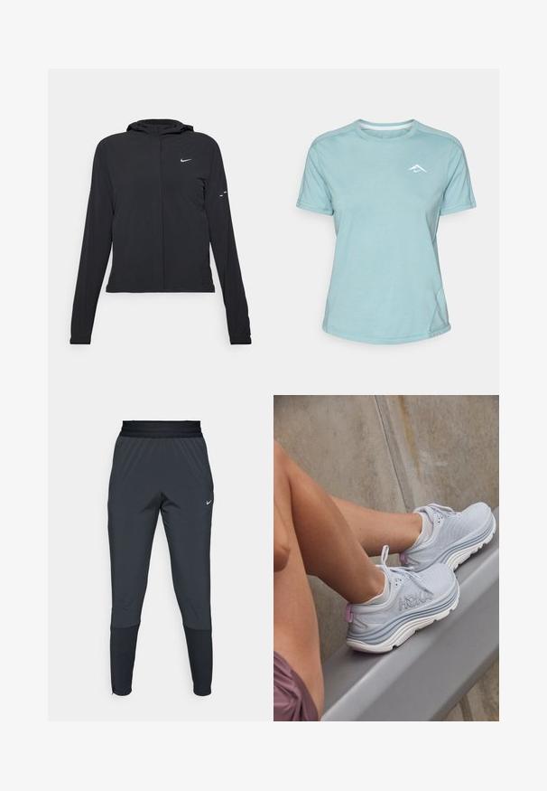 Černá kapucňová bunda s dlouhými rukávy, vyrobená z lehkého materiálu. Obsahuje přední zip, logo Nike a decentní designové akcenty.; Světle modré tričko s krátkým rukávem vyrobené z měkké látky, s kulatým výstřihem a malým bílým logem na hrudi. Viditelné švy.; Nike sportovní kalhoty v tmavě šedé barvě, s tapered nohavicemi, elastickým pasem a akcentními detaily poblíž manžet.; Světlé šedé sportovní boty s texturovanou síťovinou, fialovým akcentem na patě a bílou podrážkou. Na fotografii jsou s nízkými ponožkami na betonovém pozadí.