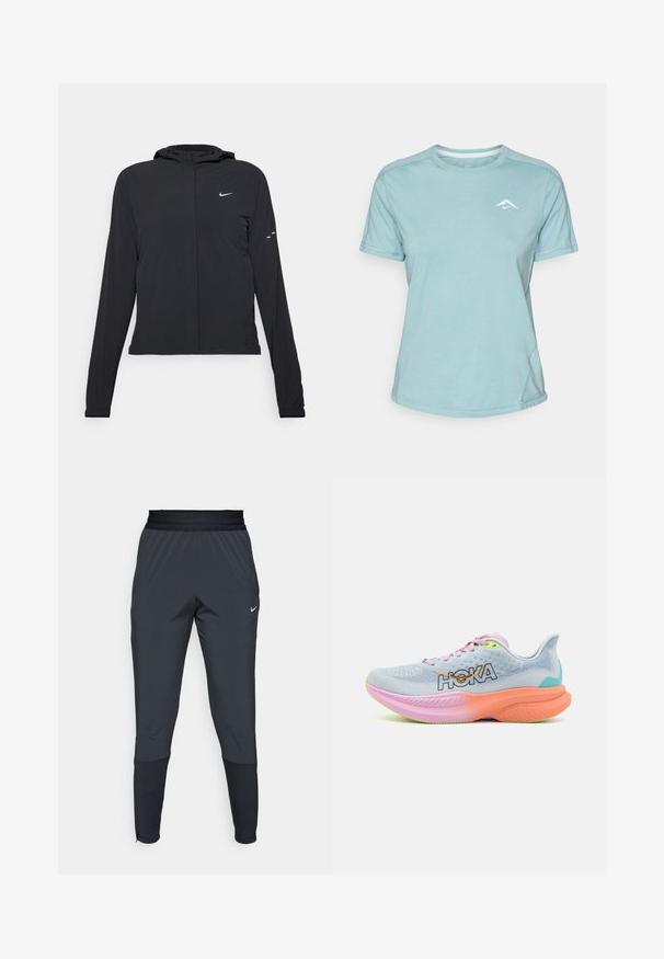 Casaco preto com capuz e mangas longas, feito de material leve. Apresenta um fecho dourado na frente, um logótipo da Nike e detalhes de design subtis.; T-shirt de manga curta azul claro, feito de tecido suave, com um decote redondo e um pequeno logo branco no peito. Detalhes das costuras visíveis.; Calças de treino Nike em cinza escuro, com um design de perna afunilada, cintura elástica e detalhes de destaque próximo aos punhos.; HOKA MACH 6 - Sapatos para corrida em estrada - illusion/dusk