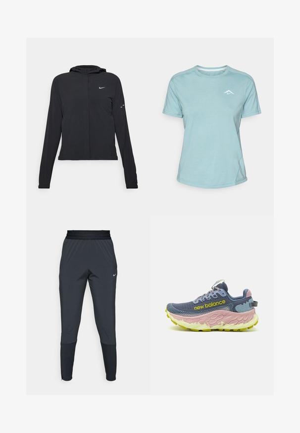 Zwarte kaptrui met lange mouwen, gemaakt van lichtgewicht materiaal. Voorzien van een ritssluiting aan de voorkant, een Nike-logo en subtiele ontwerpelementen.; Lichtblauw T-shirt met korte mouwen van zacht materiaal, met een ronde halslijn en een klein wit logo op de borst. Stiknaden zichtbaar.; Nike sportieve broek in donkergrijs, met een tapered leg ontwerp, elastische tailleband en accentdetails bij de boorden.; New Balance FRESH FOAM X MORE V3 - Trail hardloopschoenen - arctic grey