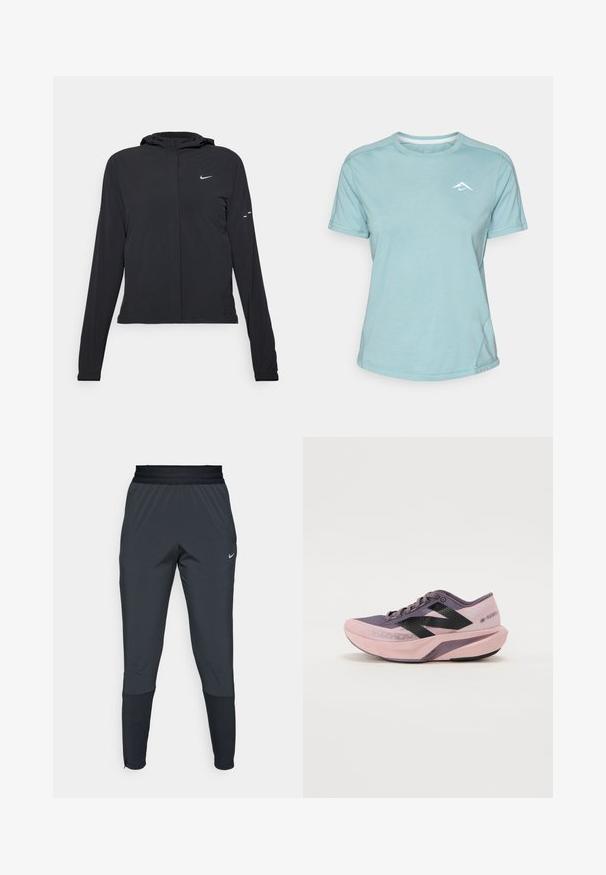 Črna kapuča s dolgimi rokavi, izdelana iz lahkega materiala. Ima sprednji zadrgo, logotip Nike in subtilne oblikovne detajle.; Svijetloplavi kratkosleeve majica izrađena od mekanog materijala, koja ima okrugli izrez i mali bijeli logotip na prsima. Vidljivi detalji šavova.; Nike športne hlače v temno sivi barvi, s taperiranim krojem, elastičnim pasom in dodatnimi detajli blizu manšet.; Lahka tekaška čevlja s oblikovanjem v gradientu roza in vijolične barve. Ima zračen zgornji del iz mreže, črne detajle in oblazinjen podplat.