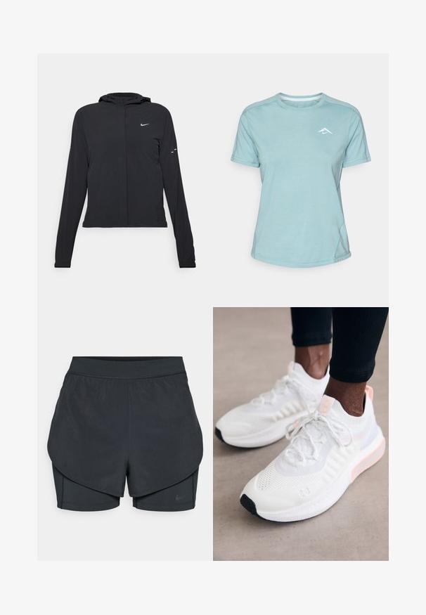 Crna jakna s kapuljačom i dugim rukavima, izrađena od laganog materijala. Ima prednji patentni zatvarač, Nike logo i suptilne dizajnerske detalje.; Svijetloplava majica kratkih rukava od mekanog materijala, s okruglim izrezom i malim bijelim logotipom na prsima. Prikazane su šavove.; Crne atletske kratke hlače s višeslojnim dizajnom, koje sadrže glatki vanjski sloj i uske unutarnje hlače. Izrađene od lagane, rastezljive tkanine.; Under Armour PHANTOM 4 - Tenisice - white