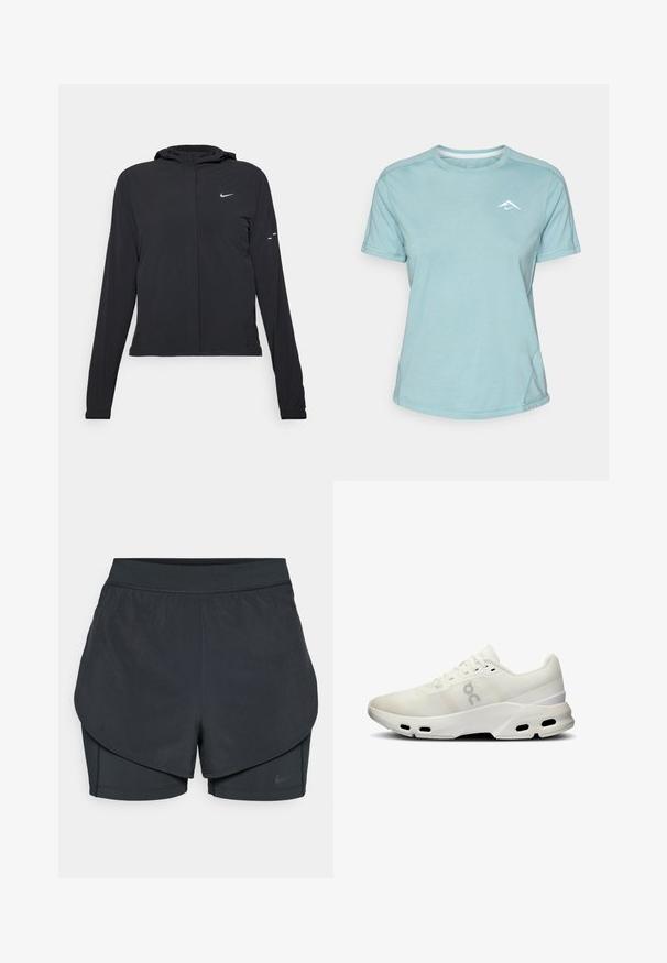 Veste à capuche noire avec des manches longues, fabriquée en matériau léger. Elle comporte une fermeture éclair à l'avant, un logo Nike et des accents de design subtils.; T-shirt à manches courtes bleu clair en tissu doux, avec un col rond et un petit logo blanc sur la poitrine. Couture visible.; Shorts de sport noirs avec un design superposé, présentant une couche extérieure lisse et des shorts intérieurs ajustés. Fabriqués en tissu léger et extensible.; Baskets de sport blanches avec tige en maille, col rembourré et détails texturés ; présentent une semelle Cloudtec avec des trous de ventilation pour la respirabilité.