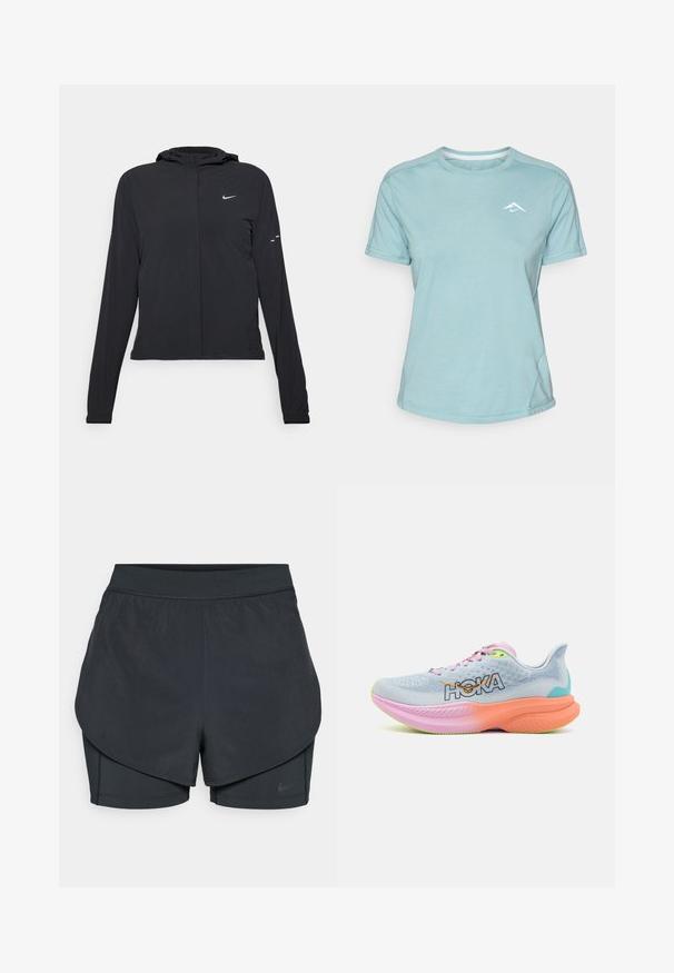 Melnā kapuci jaka ar garām piedurknēm, izgatavota no viegla materiāla. Tam ir priekšējais rāvējslēdzis, Nike logo un smalki dizaina akcenti.; Gaiši zils īsām piedurknēm T-krekls, izgatavots no mīksta auduma, ar apaļu dekoltē un mazu baltu logo uz krūšu daļas. Redzamas šuvju detaļas.; Melnas sporta šortus ar slāņotu dizainu, kas ietver gludu ārējo slāni un pieguļošus iekšējos šortus. Izgatavoti no viegla, elastīga auduma.; HOKA MACH 6 - Apavi skriešanai pa asfaltu - illusion/dusk
