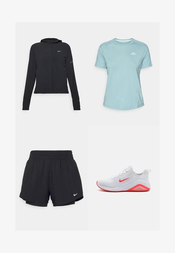 Crna jakna s kapuljačom i dugim rukavima, izrađena od laganog materijala. Ima prednji patentni zatvarač, Nike logo i suptilne dizajnerske detalje.; Svijetloplava majica kratkih rukava od mekanog materijala, s okruglim izrezom i malim bijelim logotipom na prsima. Prikazane su šavove.; Crne sportske kratke hlače s naboranom elastičnom trakom u struku, podstavljene, s bijelim Nike logom na donjoj lijevoj strani. Glatka, lagana tkanina.; Bijele sportske cipele s mrežastim gornjim dijelom, crvenim akcentima na swooshu i potplatu, te jastučenim petom. Imaju teksturirani potplat za bolju prionjivost.