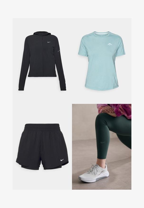 Črna kapuča s dolgimi rokavi, izdelana iz lahkega materiala. Ima sprednji zadrgo, logotip Nike in subtilne oblikovne detajle.; Svijetloplavi kratkosleeve majica izrađena od mekanog materijala, koja ima okrugli izrez i mali bijeli logotip na prsima. Vidljivi detalji šavova.; Črne športne pantalone z nabranim elastičnim pasom, notranjo podlogo in belim Nike logotipom na spodnji levi strani. Gladka, lahka tkanina.; Nike tekaške čevlje v svetlo sivi barvi z teksturirano zgornjimi deli, s sivimi poudarki in belim podplatom, v kombinaciji s temno zelenimi legicami z logotipom.