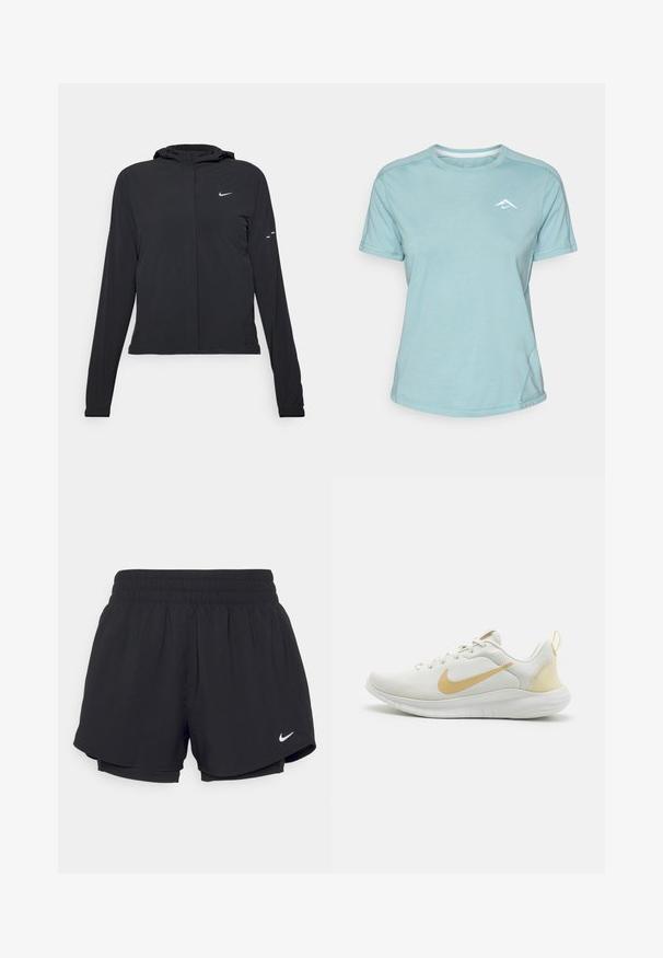 Czarna kurtka z kapturem, z długimi rękawami, wykonana z lekkiego materiału. Posiada zamek błyskawiczny z przodu, logo Nike oraz subtelne akcenty wzornicze.; Jasnoniebieska koszulka z krótkim rękawem, wykonana z miękkiego materiału, z okrągłym dekoltem i małym białym logo na piersi. Widoczne przeszycia.; Czarne spodenki sportowe z marszczonym elastycznym pasem, wewnętrzną podszewką i białym logo Nike w dolnym lewym rogu. Gładki, lekki materiał.; Białe buty sportowe z teksturowaną siateczkową cholewką, złotymi akcentami i elastyczną podeszwą. Posiadają pętelkę z tyłu dla łatwiejszego zakładania.