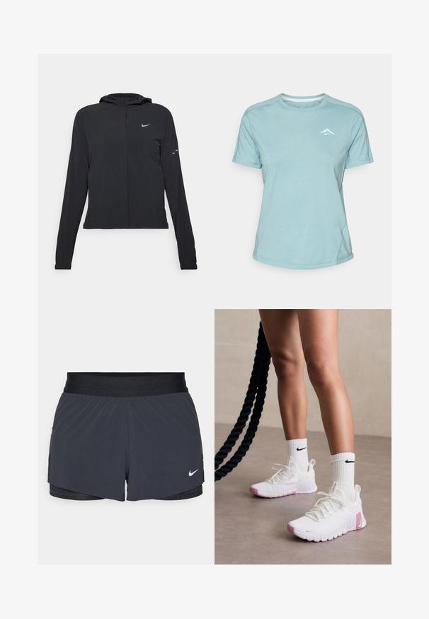 Black hooded jacket with long sleeves, made from lightweight material. Features a front zipper, a Nike logo, and subtle design accents.; Light blue short-sleeve t-shirt made of soft fabric, featuring a round neckline and a small white logo on the chest. Seam detailing visible.; Black athletic shorts with an elastic waistband, featuring a layered design and a small white Nike logo on the lower left. Lightweight material.; White athletic shoes with pink accents, textured upper, and padded collar, paired with white ribbed socks featuring a black logo.