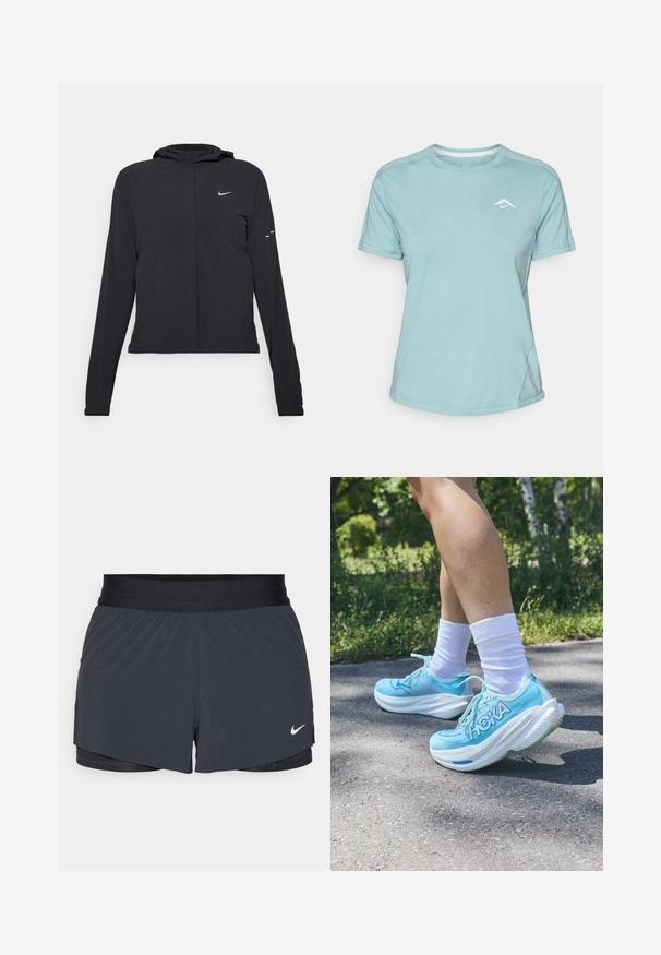 Crna jakna s kapuljačom i dugim rukavima, izrađena od laganog materijala. Ima prednji patentni zatvarač, Nike logo i suptilne dizajnerske detalje.; Svijetloplava majica kratkih rukava od mekanog materijala, s okruglim izrezom i malim bijelim logotipom na prsima. Prikazane su šavove.; Crne atletske kratke hlače s elastičnom stražnjicom, imaju slojeviti dizajn i mali bijeli Nike logo na donjoj lijevoj strani. Lagani materijal.; Svijetloplave atletske tenisice s teksturiranim mrežastim gornjim dijelom, bijelom jastučićastom potplatom i istaknutim "HOKA" logotipom sa strane. Nosile su se s bijelim čarapama.