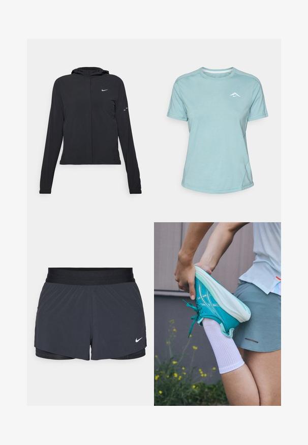 Crna jakna s kapuljačom i dugim rukavima, izrađena od laganog materijala. Ima prednji patentni zatvarač, Nike logo i suptilne dizajnerske detalje.; Svijetloplava majica kratkih rukava od mekanog materijala, s okruglim izrezom i malim bijelim logotipom na prsima. Prikazane su šavove.; Crne atletske kratke hlače s elastičnom stražnjicom, imaju slojeviti dizajn i mali bijeli Nike logo na donjoj lijevoj strani. Lagani materijal.; Tirkizne atletske cipele s teksturiranom površinom, bijelim vezicama i potplatom. Osoba koja isteže nogu nosi bijelu čarapu i sive atletske kratke hlače.