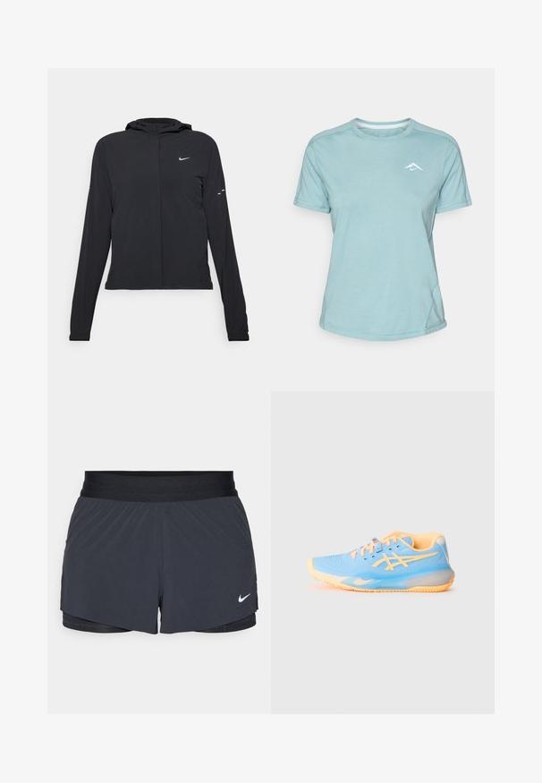 Veste à capuche noire avec des manches longues, fabriquée en matériau léger. Elle comporte une fermeture éclair à l'avant, un logo Nike et des accents de design subtils.; T-shirt à manches courtes bleu clair en tissu doux, avec un col rond et un petit logo blanc sur la poitrine. Couture visible.; Shorts de sport noirs avec une taille élastique, dotés d'un design superposé et d'un petit logo Nike blanc en bas à gauche. Matière légère.; Baskets de sport bleu clair avec des accents orange ; tige en maille, bout rond et semelle texturée pour l'adhérence. Présente des détails de marque et des lacets.